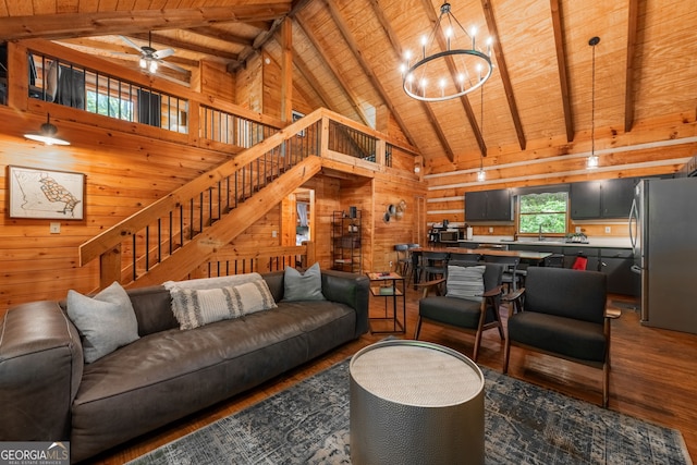 living room with wood ceiling, beam ceiling, and dark wood-type flooring