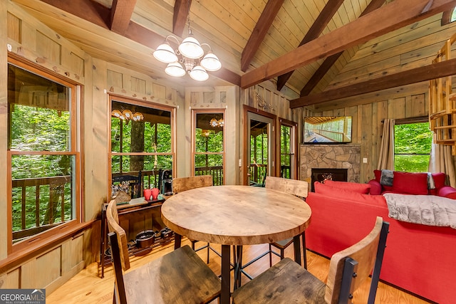 dining area featuring vaulted ceiling with beams, a fireplace, light hardwood / wood-style floors, a notable chandelier, and wooden walls