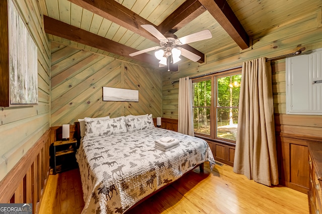 bedroom with light hardwood / wood-style flooring, beam ceiling, wooden walls, and ceiling fan