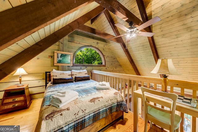 bedroom with wood walls, wood ceiling, lofted ceiling with beams, light wood-type flooring, and ceiling fan