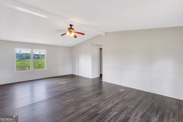 unfurnished room with dark wood-type flooring, vaulted ceiling with beams, and ceiling fan