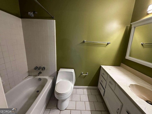 full bathroom with vanity, toilet, tiled shower / bath combo, and tile patterned flooring