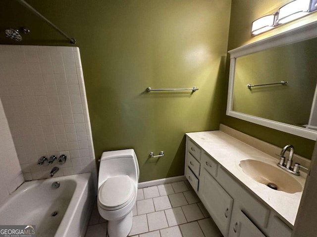 full bathroom featuring bathtub / shower combination, vanity, toilet, and tile patterned flooring