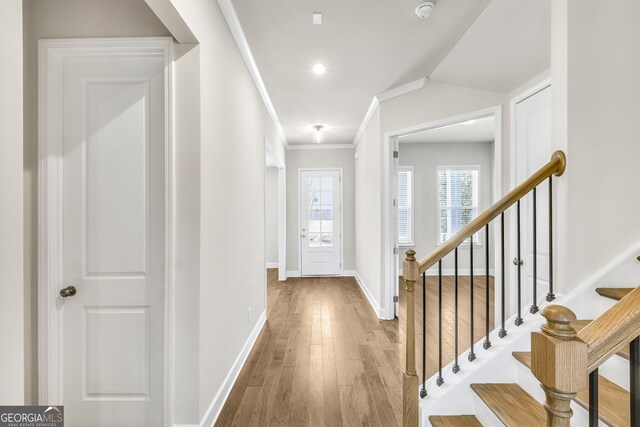 foyer with hardwood / wood-style floors, lofted ceiling, and crown molding