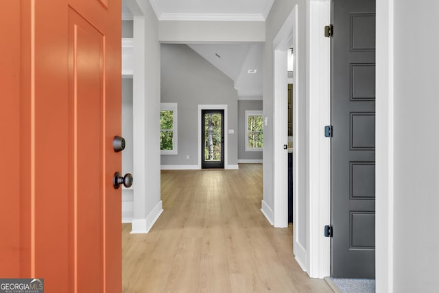 417 Lakeview Pl, Macon, GA 31211 - foyer entrance with baseboards, light wood-type flooring, crown molding, and lofted ceiling