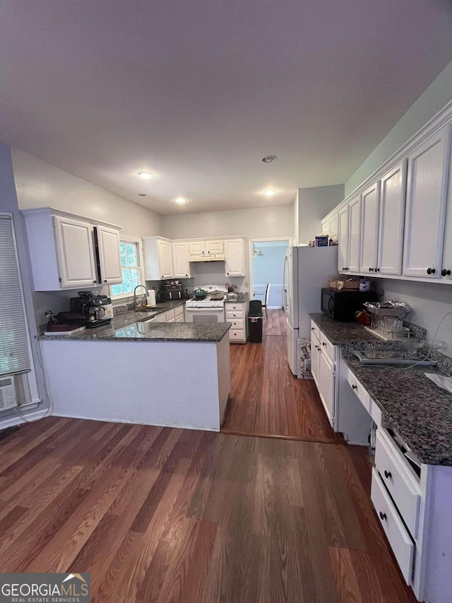 kitchen featuring kitchen peninsula, white cabinetry, sink, and dark hardwood / wood-style flooring