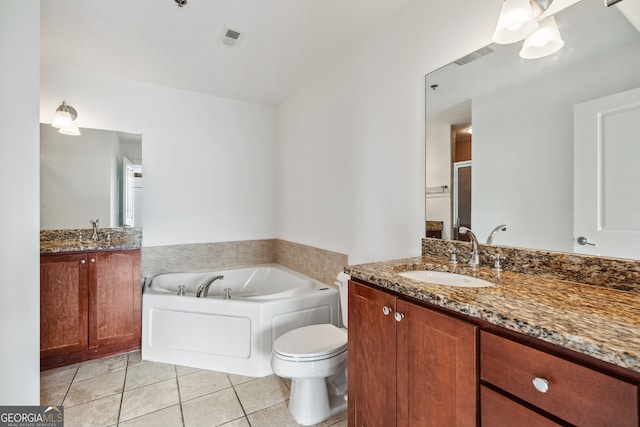 full bathroom featuring tile patterned flooring, vanity, toilet, and shower with separate bathtub