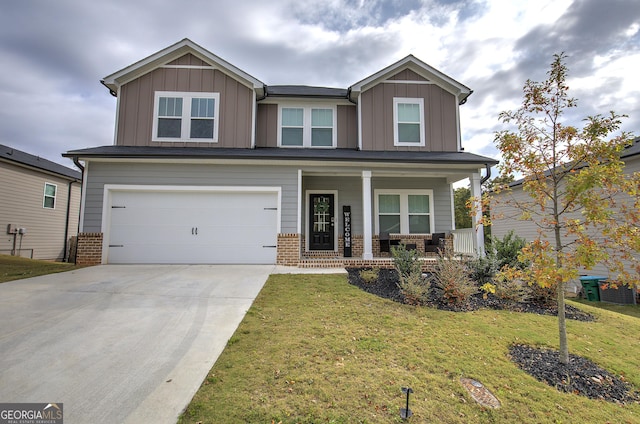 craftsman-style home with a porch, a garage, and a front lawn