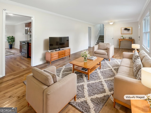 living room with light hardwood / wood-style floors and ornamental molding