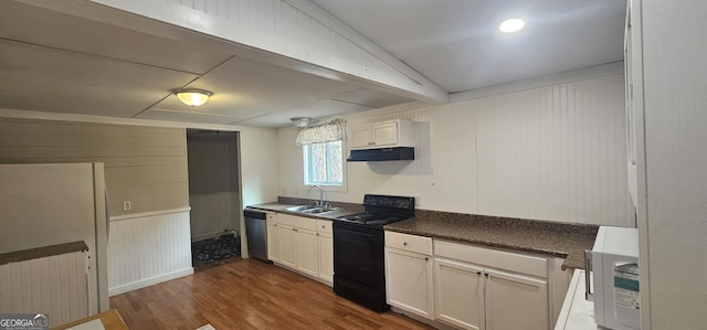 kitchen with dishwasher, sink, white cabinets, dark hardwood / wood-style flooring, and black electric range