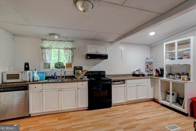 kitchen with sink, white cabinets, stainless steel dishwasher, black range with electric stovetop, and light hardwood / wood-style flooring