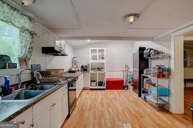 kitchen featuring white cabinetry, sink, black electric range, and light hardwood / wood-style floors