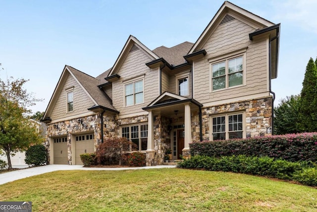 craftsman house with a garage and a front lawn