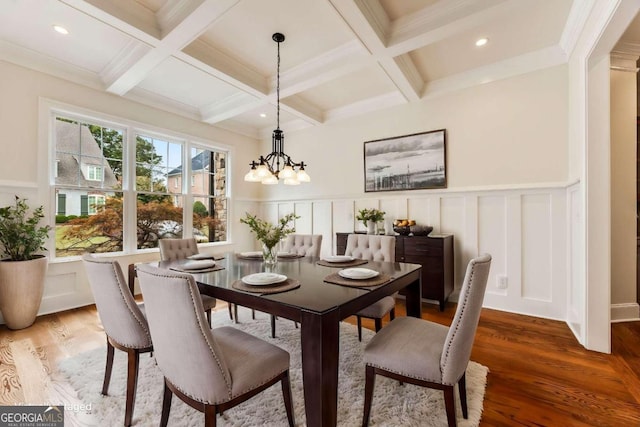 dining room featuring beam ceiling, dark hardwood / wood-style floors, an inviting chandelier, and coffered ceiling