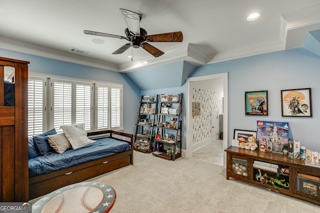 bedroom featuring lofted ceiling, crown molding, light carpet, and ceiling fan