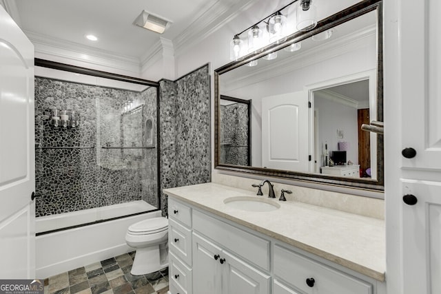 full bathroom featuring vanity, ornamental molding, enclosed tub / shower combo, and toilet