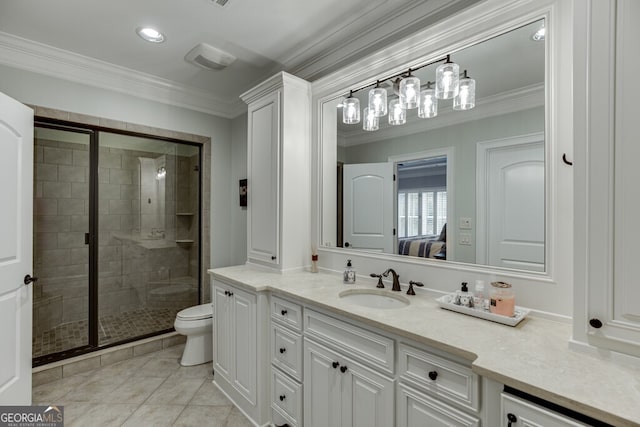 bathroom with vanity, crown molding, a shower with door, and tile patterned floors