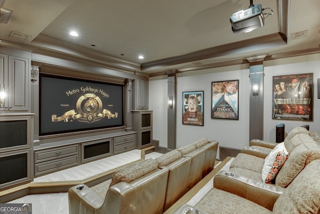 cinema room with crown molding