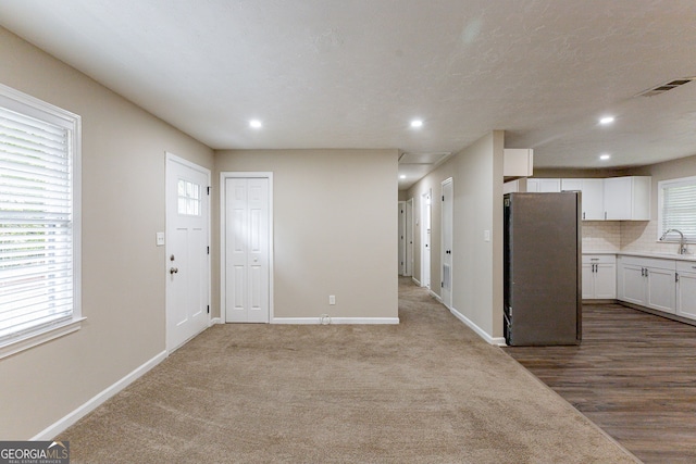 foyer with hardwood / wood-style floors, sink, plenty of natural light, and a textured ceiling