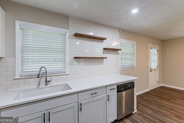 kitchen featuring stainless steel dishwasher, sink, a wealth of natural light, and dark hardwood / wood-style flooring