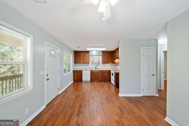 kitchen with a healthy amount of sunlight, sink, wood-type flooring, and white appliances