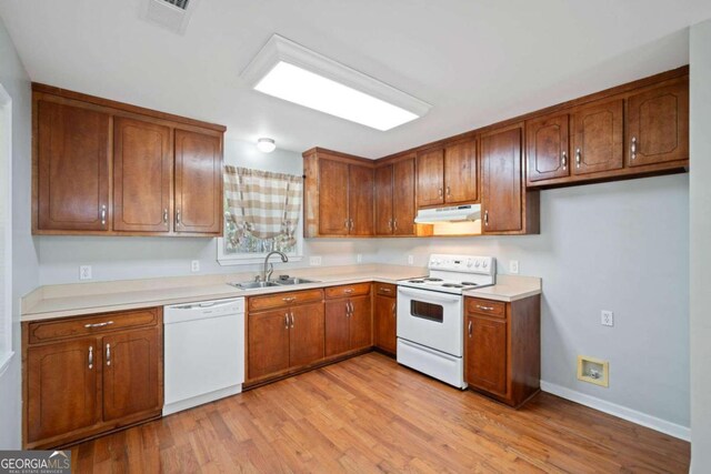 kitchen with light hardwood / wood-style flooring, sink, and white appliances