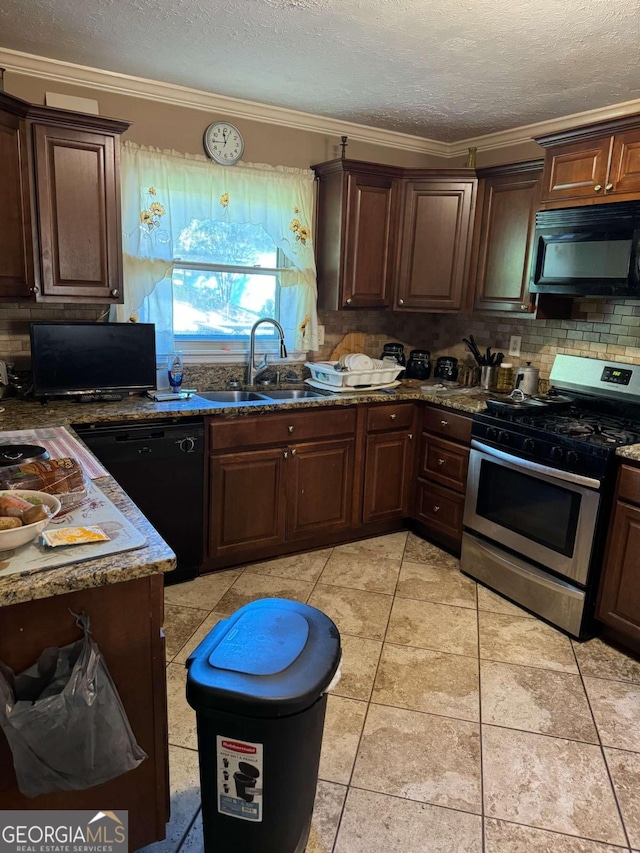 kitchen with black appliances, light tile patterned flooring, decorative backsplash, dark brown cabinetry, and ornamental molding