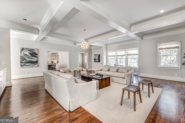 living room featuring dark wood-type flooring, beamed ceiling, coffered ceiling, and a healthy amount of sunlight