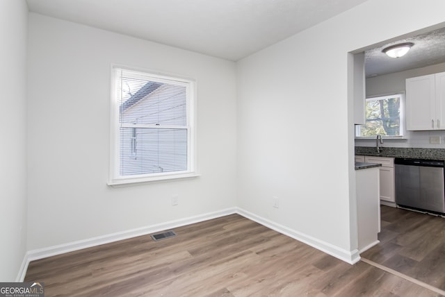 unfurnished dining area featuring hardwood / wood-style floors, a textured ceiling, and sink