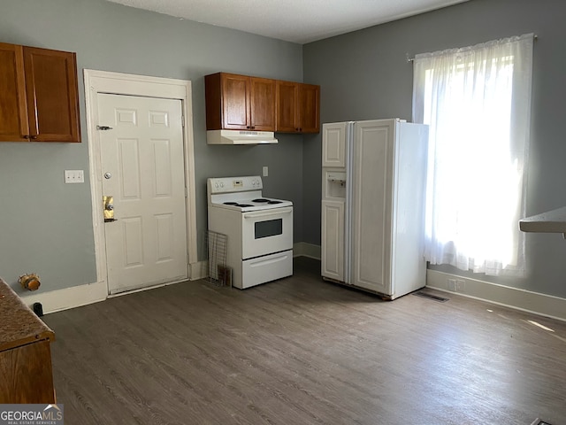 kitchen with hardwood / wood-style floors, a textured ceiling, white appliances, and plenty of natural light