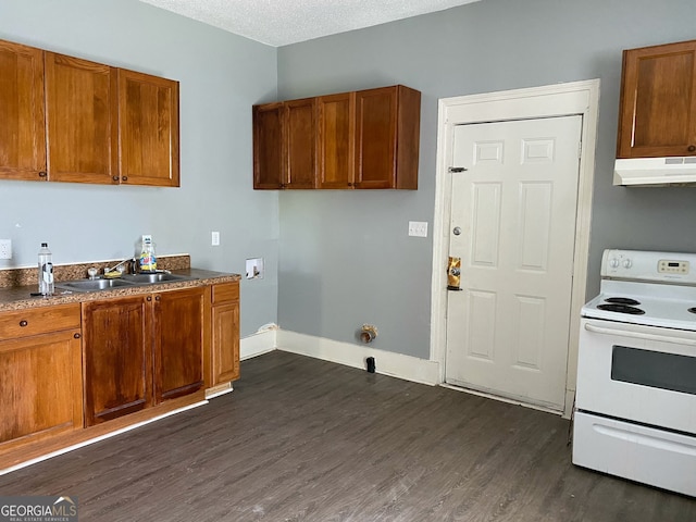 kitchen featuring sink, a textured ceiling, white range with electric stovetop, exhaust hood, and dark hardwood / wood-style floors