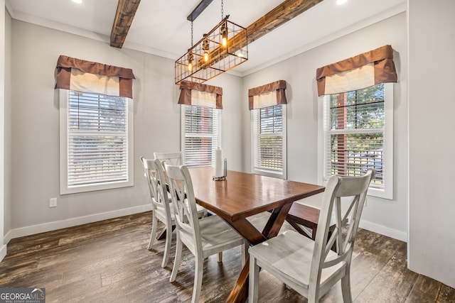 dining space featuring plenty of natural light, dark hardwood / wood-style floors, and beam ceiling