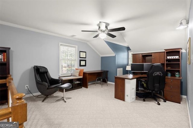 office area featuring light carpet, ceiling fan, crown molding, and vaulted ceiling