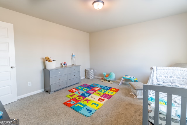 bedroom featuring light carpet