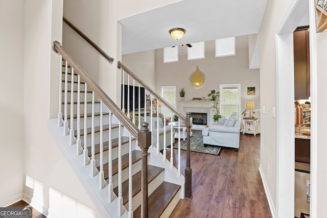 staircase featuring a towering ceiling and wood-type flooring