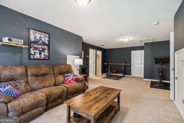 living room featuring light carpet