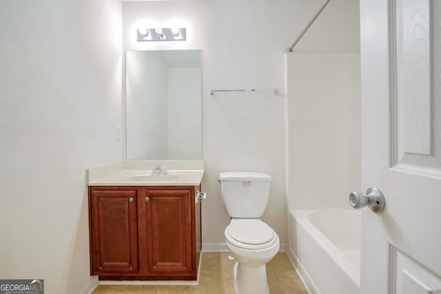 full bathroom with vanity, toilet, washtub / shower combination, and tile patterned flooring