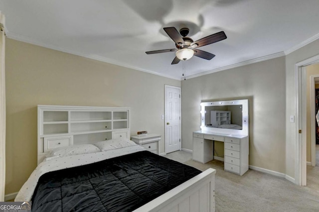 unfurnished bedroom featuring ornamental molding, light carpet, and ceiling fan