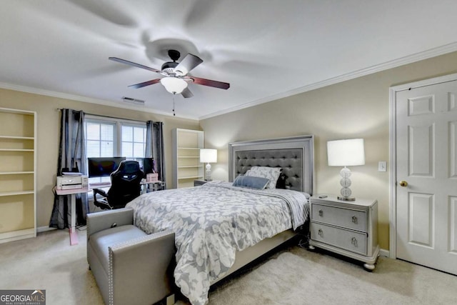 bedroom featuring ornamental molding, light carpet, and ceiling fan