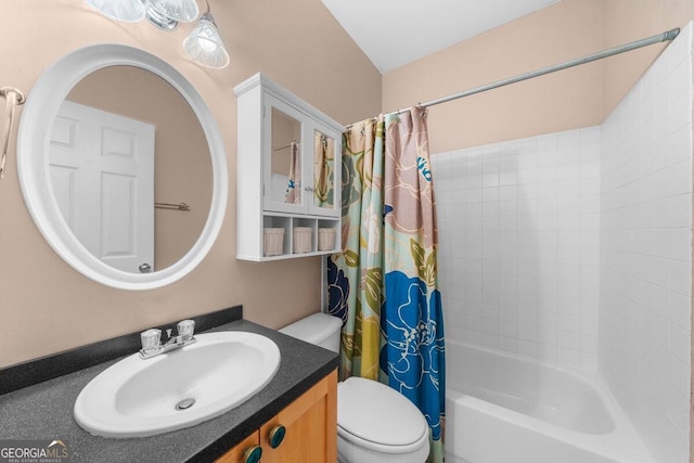 full bathroom with toilet, shower / tub combo with curtain, and vanity