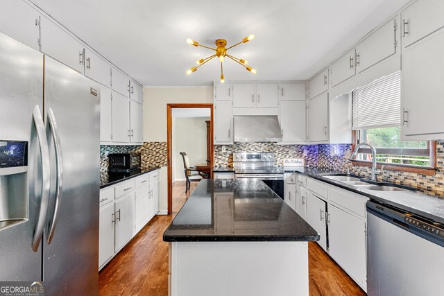 kitchen featuring sink, a center island, appliances with stainless steel finishes, and white cabinetry