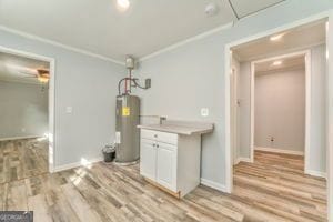 interior space with light hardwood / wood-style flooring, ornamental molding, and water heater