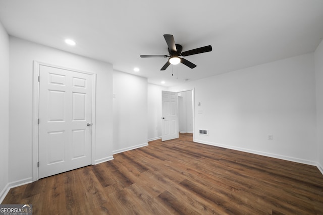 382 N Fifth St, Cedartown, GA 30125 - unfurnished bedroom featuring dark wood-type flooring, recessed lighting, baseboards, and a ceiling fan