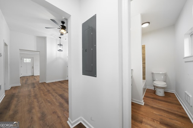 382 N Fifth St, Cedartown, GA 30125 - hallway featuring electric panel, dark wood-style floors, and baseboards
