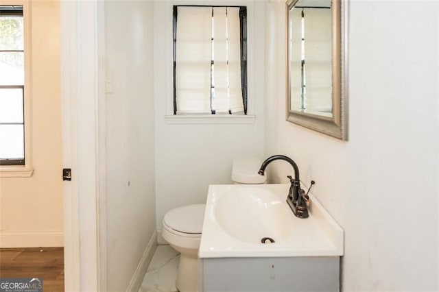 bathroom featuring vanity, hardwood / wood-style flooring, and toilet