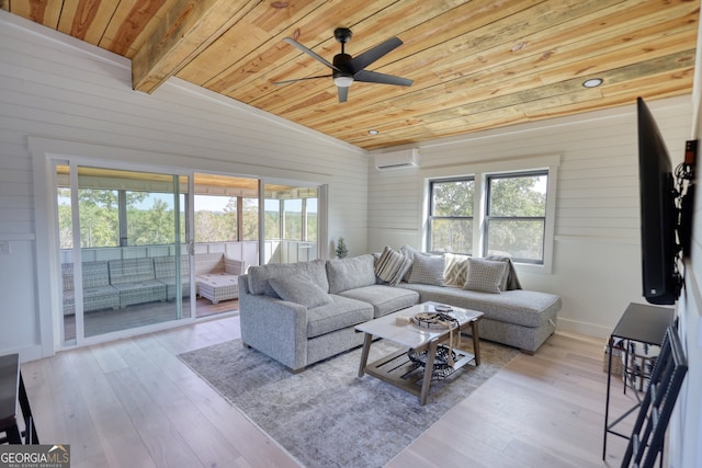 living room with ceiling fan, wooden ceiling, vaulted ceiling with beams, light hardwood / wood-style flooring, and a wall mounted air conditioner