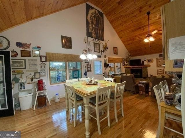 289 Cypress Cir, Ellijay, GA 30540 - dining room featuring a fireplace, high vaulted ceiling, light wood-type flooring, wooden ceiling, and a ceiling fan