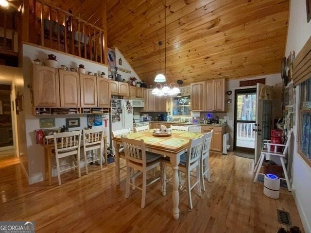 289 Cypress Cir, Ellijay, GA 30540 - kitchen featuring an inviting chandelier, light brown cabinetry, white appliances, wooden ceiling, and light wood finished floors