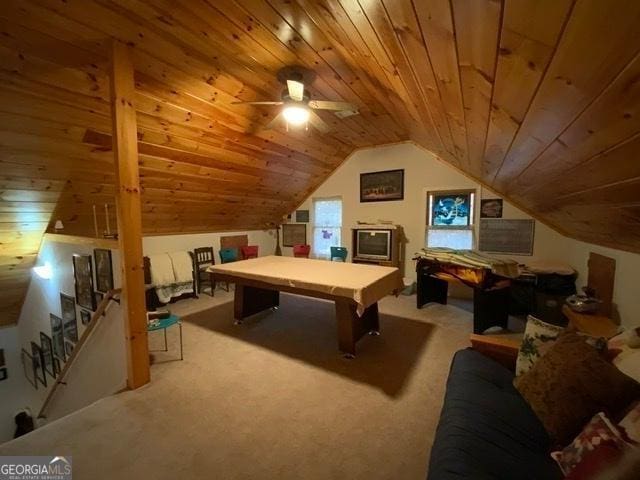 289 Cypress Cir, Ellijay, GA 30540 - recreation room with ceiling fan, carpet, wooden ceiling, billiards, and lofted ceiling