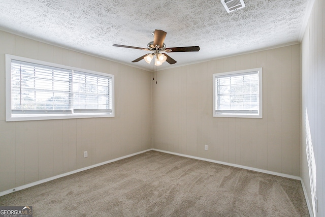 carpeted spare room featuring a textured ceiling, a healthy amount of sunlight, and ceiling fan